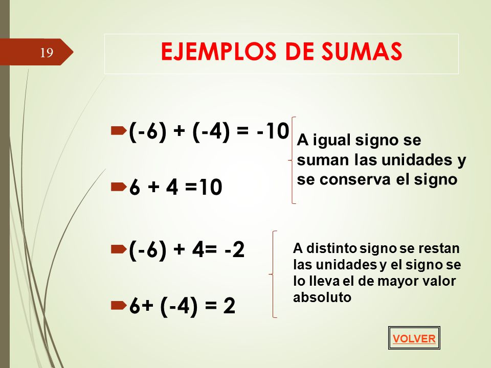 EJEMPLOS DE SUMAS (-6) + (-4) = =10 (-6) + 4= (-4) = 2