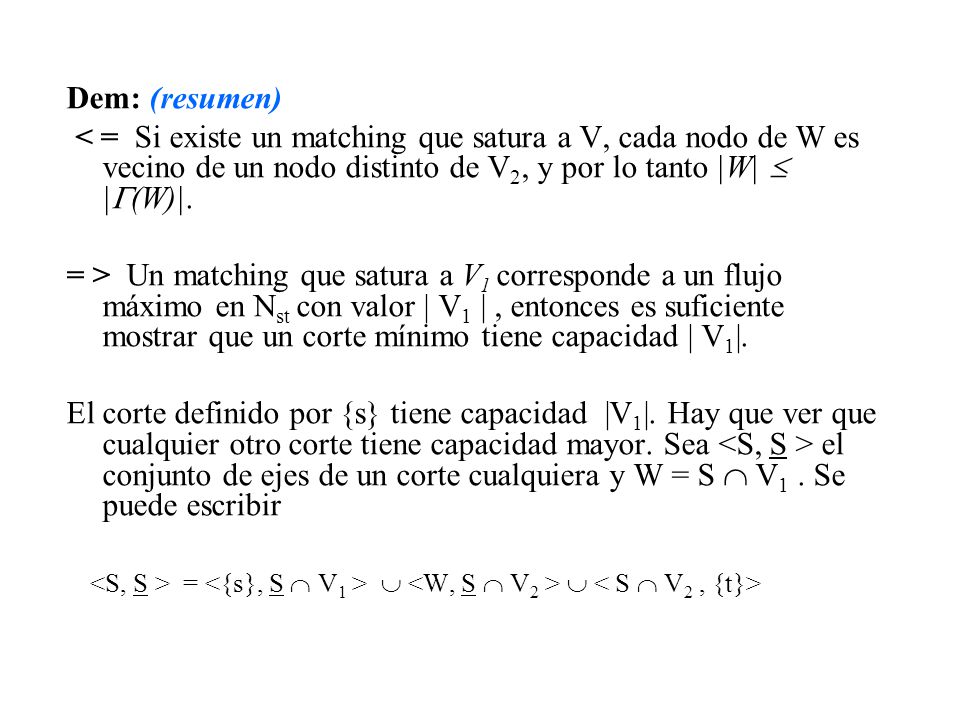 Dem: (resumen) < = Si existe un matching que satura a V, cada nodo de W es vecino de un nodo distinto de V2, y por lo tanto |W|  |(W)|.
