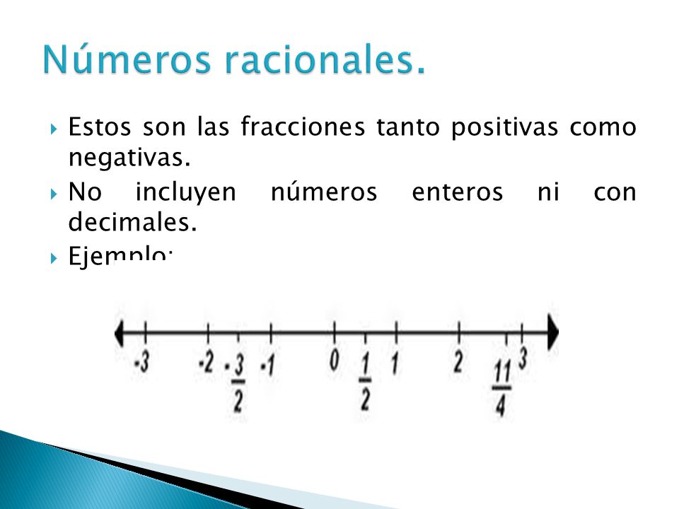 Números racionales. Estos son las fracciones tanto positivas como negativas. No incluyen números enteros ni con decimales.