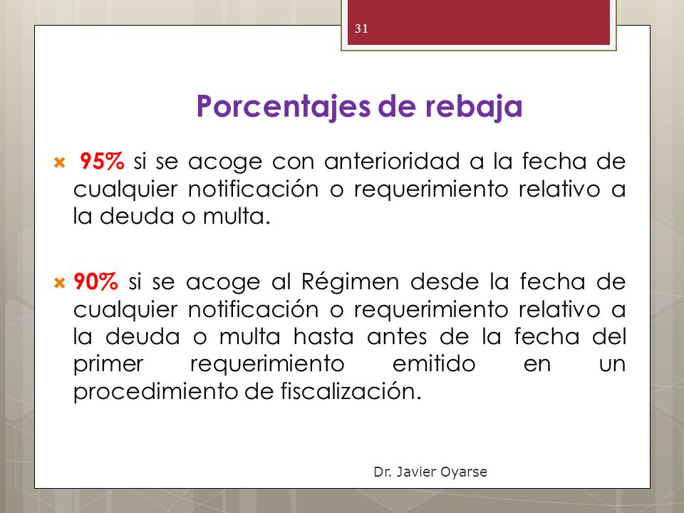 Porcentajes de rebaja 95% si se acoge con anterioridad a la fecha de cualquier notificación o requerimiento relativo a la deuda o multa.