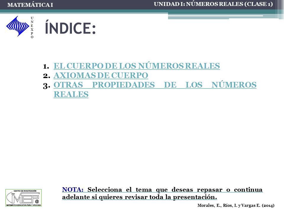 ÍNDICE: EL CUERPO DE LOS NÚMEROS REALES AXIOMAS DE CUERPO
