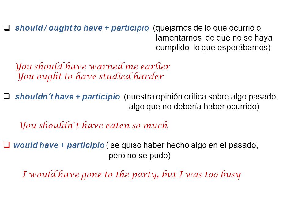 should / ought to have + participio (quejarnos de lo que ocurrió o