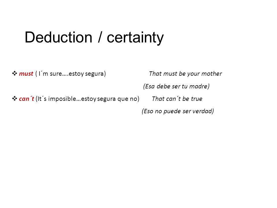 Deduction / certainty must ( I´m sure….estoy segura) That must be your mother.