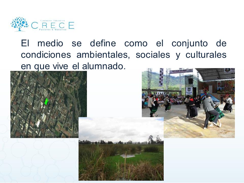 El medio se define como el conjunto de condiciones ambientales, sociales y culturales en que vive el alumnado.
