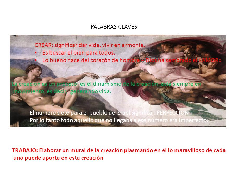 PALABRAS CLAVES CREAR: significar dar vida, vivir en armonía. Es buscar el bien para todos.