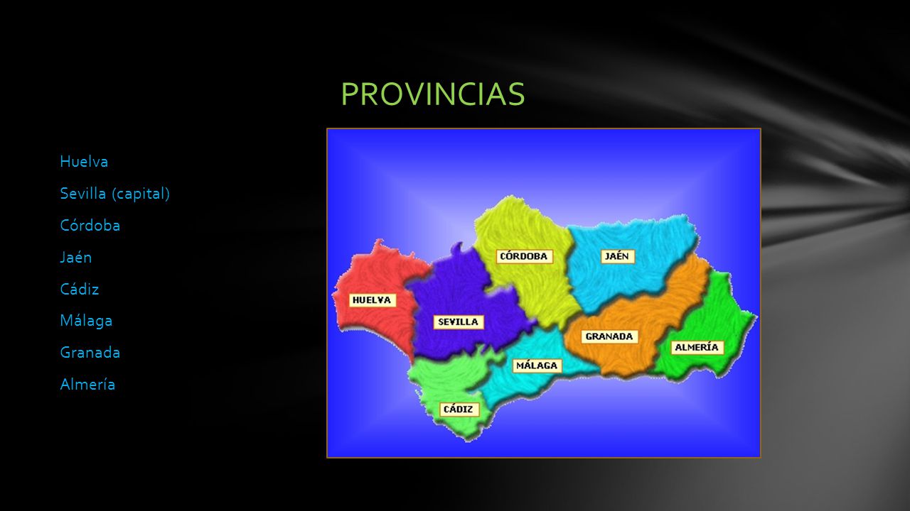 PROVINCIAS Huelva Sevilla (capital) Córdoba Jaén Cádiz Málaga Granada Almería