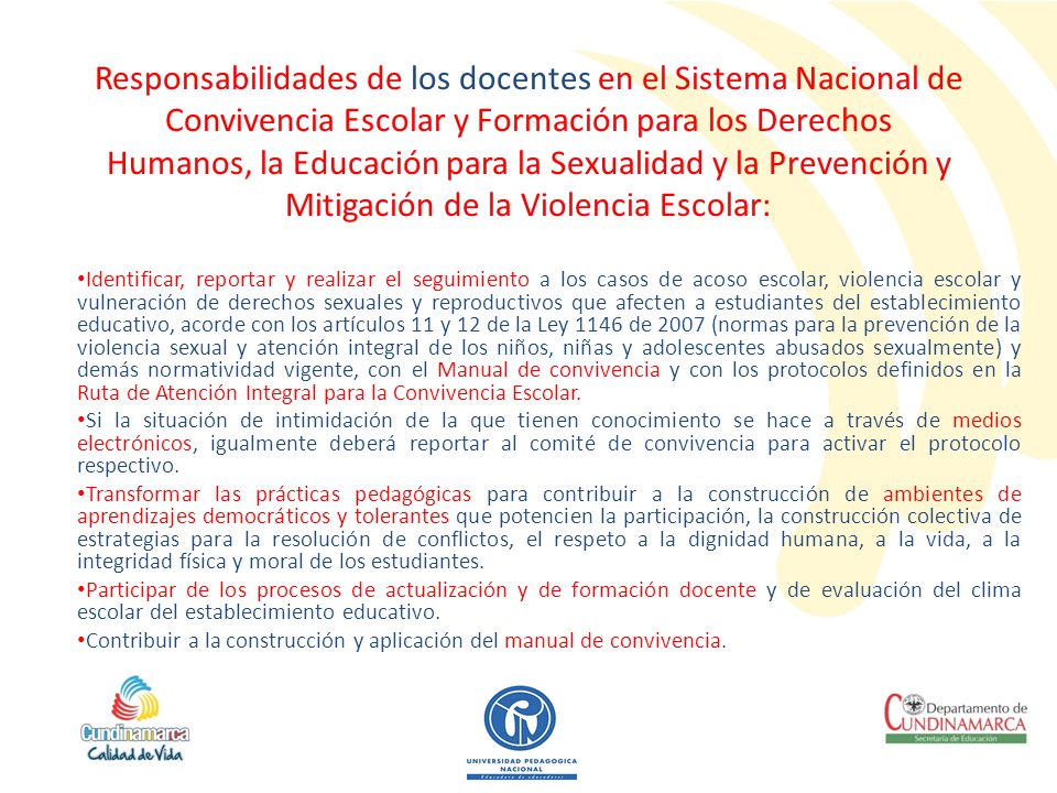 Responsabilidades de los docentes en el Sistema Nacional de Convivencia Escolar y Formación para los Derechos Humanos, la Educación para la Sexualidad y la Prevención y Mitigación de la Violencia Escolar: