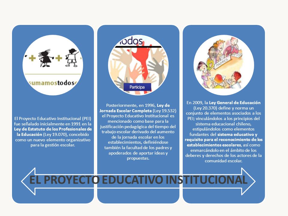 El Proyecto Educativo Institucional (PEI) fue señalado inicialmente en 1991 en la Ley de Estatuto de los Profesionales de la Educación (Ley ), concebido como un nuevo elemento organizativo para la gestión escolar.