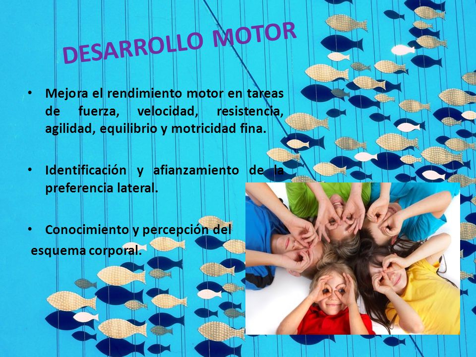 DESARROLLO MOTOR Mejora el rendimiento motor en tareas de fuerza, velocidad, resistencia, agilidad, equilibrio y motricidad fina.