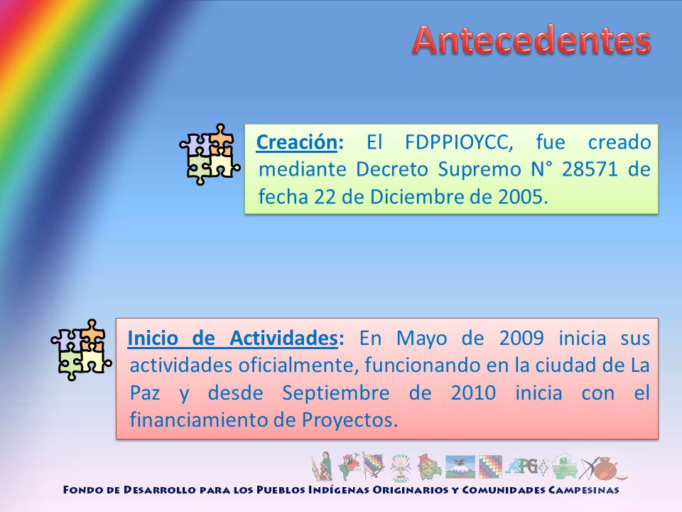 Antecedentes Creación: El FDPPIOYCC, fue creado mediante Decreto Supremo N° de fecha 22 de Diciembre de