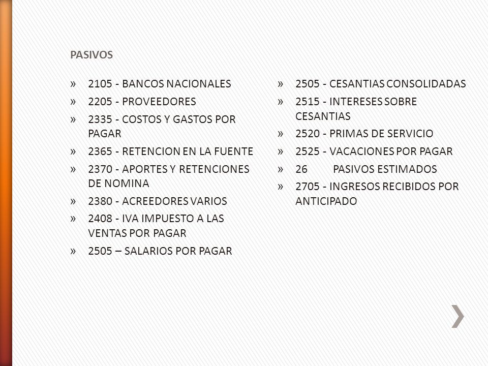 PASIVOS BANCOS NACIONALES PROVEEDORES COSTOS Y GASTOS POR PAGAR RETENCION EN LA FUENTE.