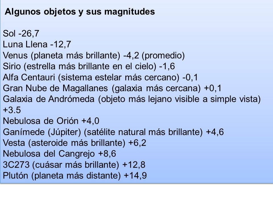 Algunos objetos y sus magnitudes Sol -26,7 Luna Llena -12,7 Venus (planeta más brillante) -4,2 (promedio) Sirio (estrella más brillante en el cielo) -1,6 Alfa Centauri (sistema estelar más cercano) -0,1 Gran Nube de Magallanes (galaxia más cercana) +0,1 Galaxia de Andrómeda (objeto más lejano visible a simple vista) +3.5 Nebulosa de Orión +4,0
