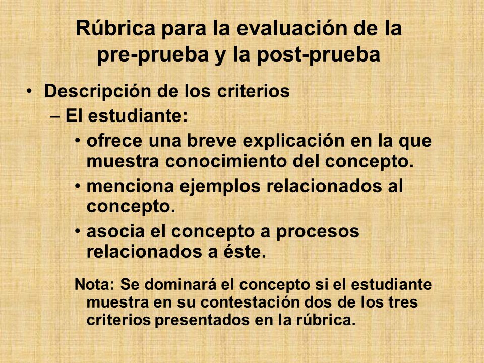 Rúbrica para la evaluación de la pre-prueba y la post-prueba