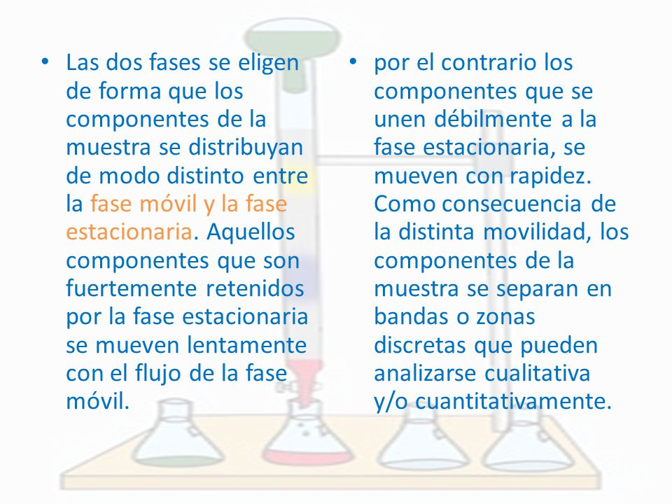 Las dos fases se eligen de forma que los componentes de la muestra se distribuyan de modo distinto entre la fase móvil y la fase estacionaria. Aquellos componentes que son fuertemente retenidos por la fase estacionaria se mueven lentamente con el flujo de la fase móvil.