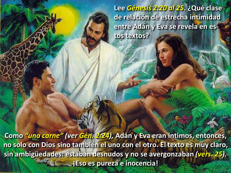 Lee Génesis 2:20 al 25. ¿Qué clase de relación de estrecha intimidad entre Adán y Eva se revela en es-tos textos