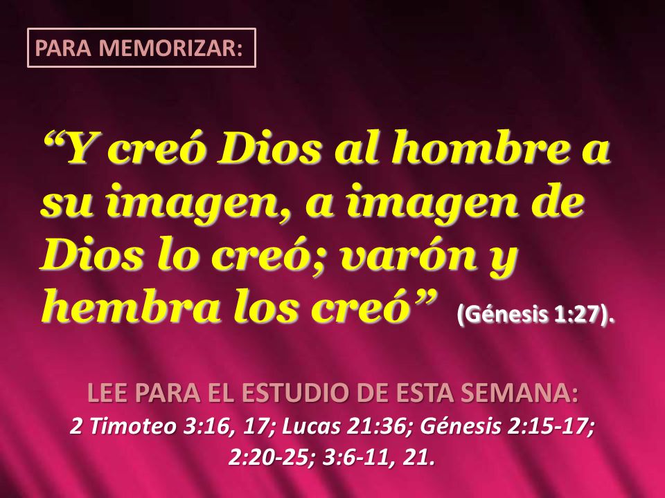 PARA MEMORIZAR: Y creó Dios al hombre a su imagen, a imagen de Dios lo creó; varón y hembra los creó (Génesis 1:27).