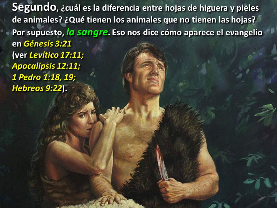 Segundo, ¿cuál es la diferencia entre hojas de higuera y pieles de animales ¿Qué tienen los animales que no tienen las hojas Por supuesto, la sangre. Eso nos dice cómo aparece el evangelio en Génesis 3:21