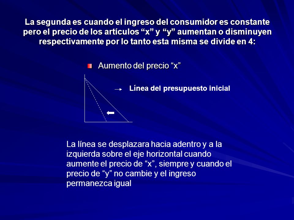La segunda es cuando el ingreso del consumidor es constante pero el precio de los artículos x y y aumentan o disminuyen respectivamente por lo tanto esta misma se divide en 4: