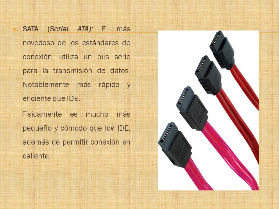 SATA (Serial ATA): El más novedoso de los estándares de conexión, utiliza un bus serie para la transmisión de datos. Notablemente más rápido y eficiente que IDE.