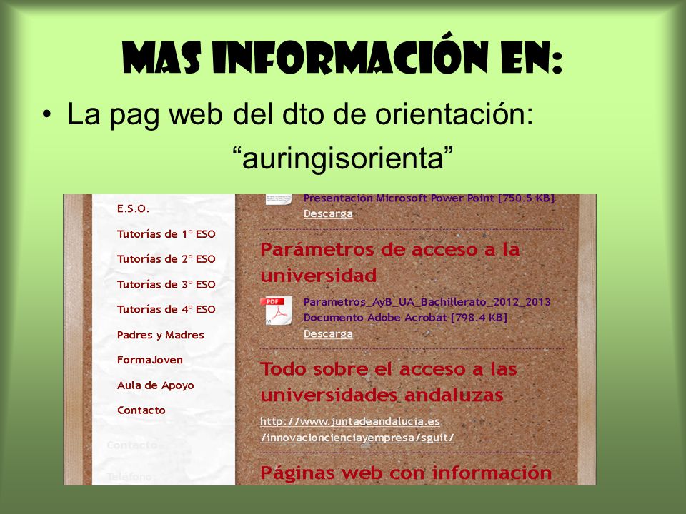 MAS INFORMACIÓN EN: La pag web del dto de orientación: