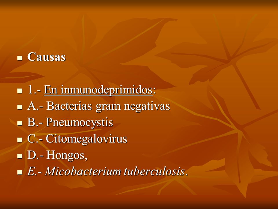 Causas 1.- En inmunodeprimidos: A.- Bacterias gram negativas. B.- Pneumocystis. C.- Citomegalovirus.