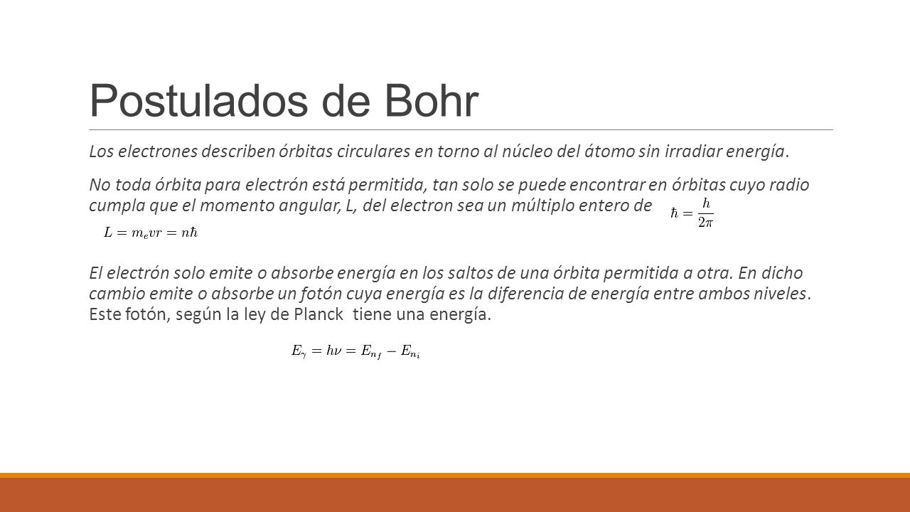 Postulados de Bohr Los electrones describen órbitas circulares en torno al núcleo del átomo sin irradiar energía.