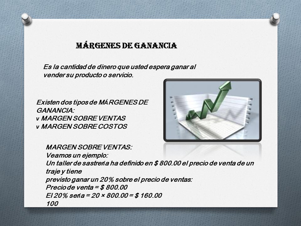 Márgenes de ganancia Es la cantidad de dinero que usted espera ganar al vender su producto o servicio.