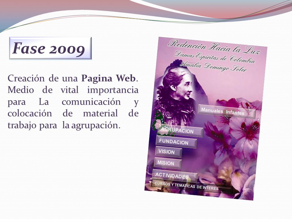 Fase 2009 Creación de una Pagina Web. Medio de vital importancia para La comunicación y colocación de material de trabajo para la agrupación.