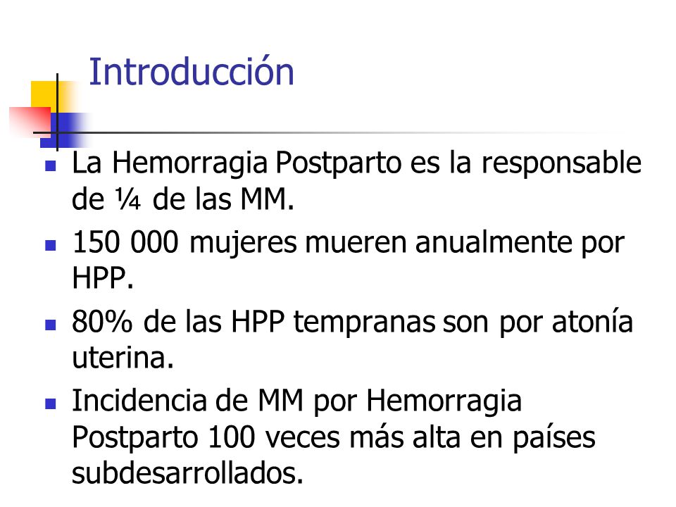 Introducción La Hemorragia Postparto es la responsable de ¼ de las MM.
