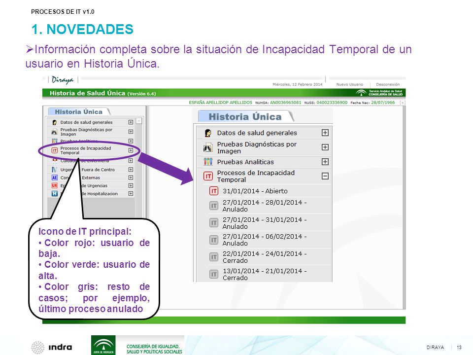 PROCESOS DE IT v NOVEDADES. Información completa sobre la situación de Incapacidad Temporal de un usuario en Historia Única.