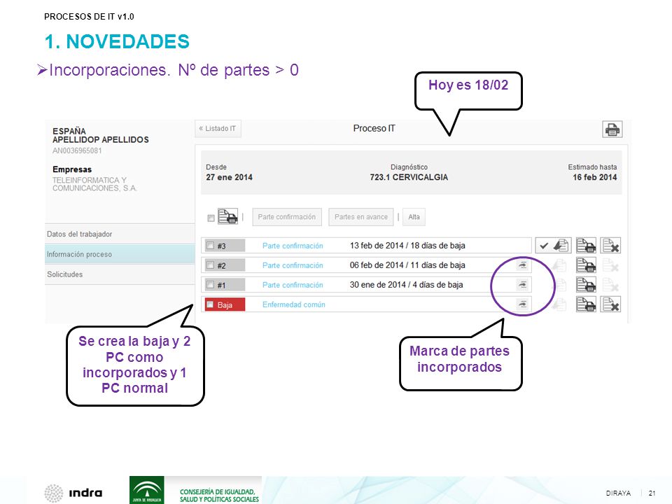 1. NOVEDADES Incorporaciones. Nº de partes > 0 Hoy es 18/02