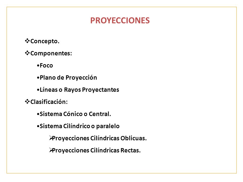 PROYECCIONES Concepto. Componentes: Foco Plano de Proyección
