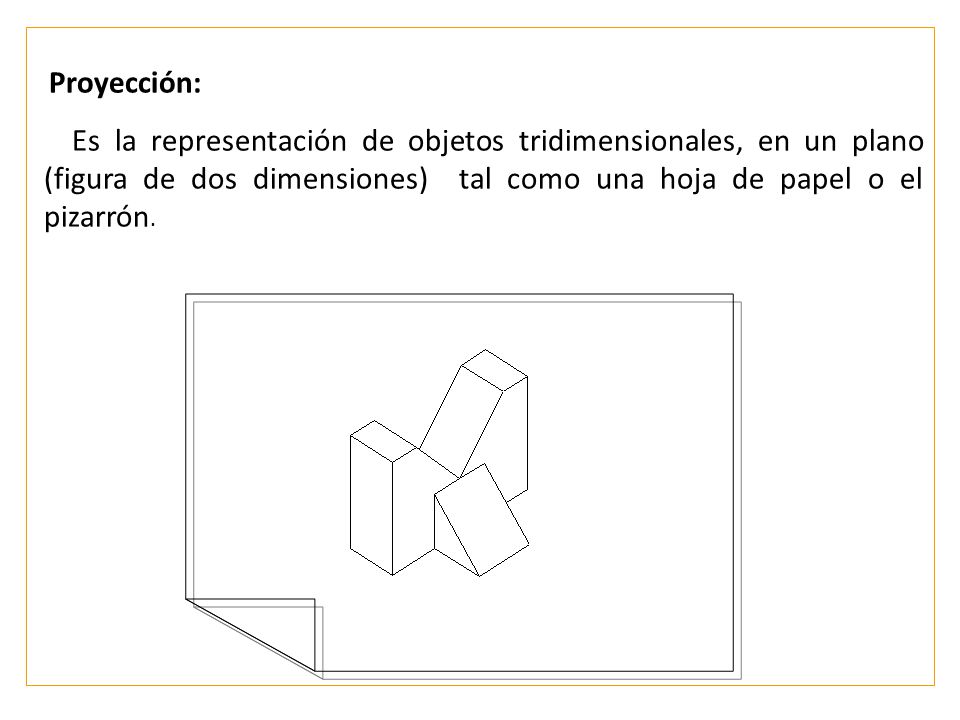 Proyección: Es la representación de objetos tridimensionales, en un plano (figura de dos dimensiones) tal como una hoja de papel o el pizarrón.