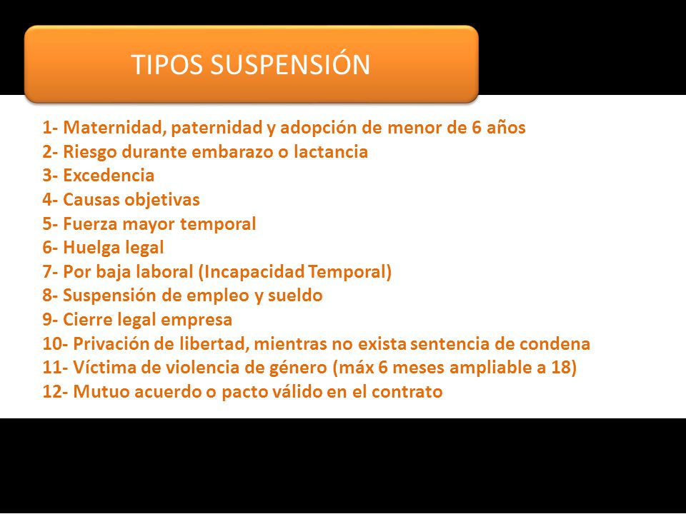 TIPOS SUSPENSIÓN 1- Maternidad, paternidad y adopción de menor de 6 años. 2- Riesgo durante embarazo o lactancia.