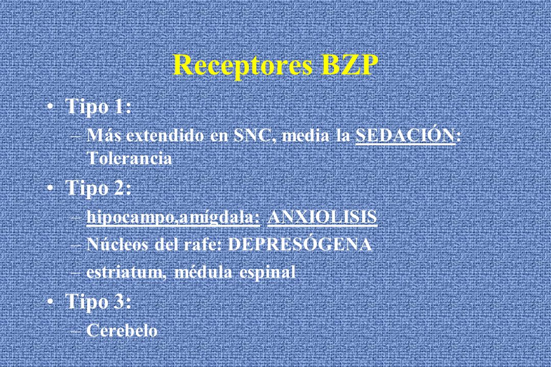 Receptores BZP Tipo 1: Tipo 2: Tipo 3: