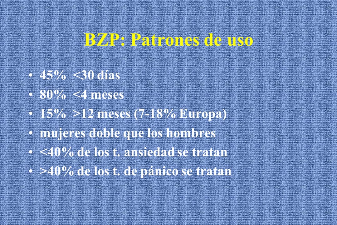 BZP: Patrones de uso 45% <30 días 80% <4 meses