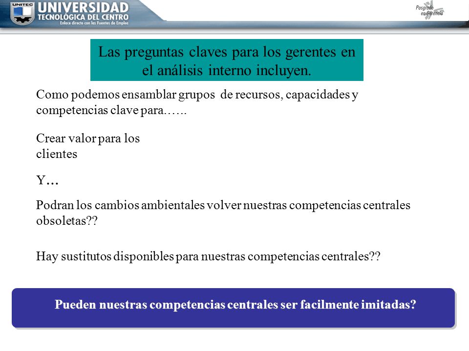 Las preguntas claves para los gerentes en el análisis interno incluyen.