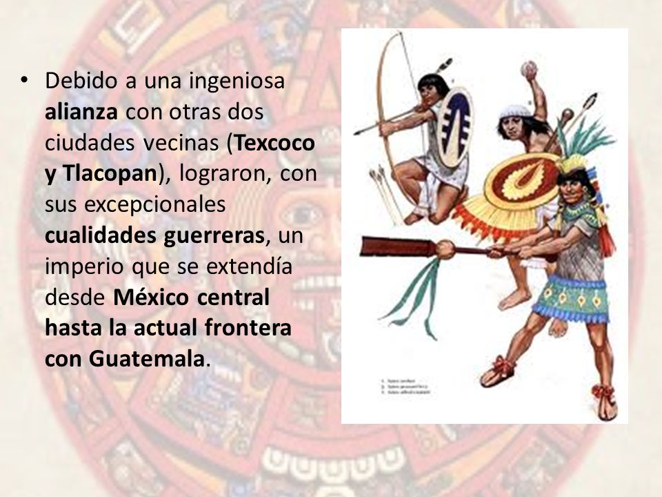 Debido a una ingeniosa alianza con otras dos ciudades vecinas (Texcoco y Tlacopan), lograron, con sus excepcionales cualidades guerreras, un imperio que se extendía desde México central hasta la actual frontera con Guatemala.