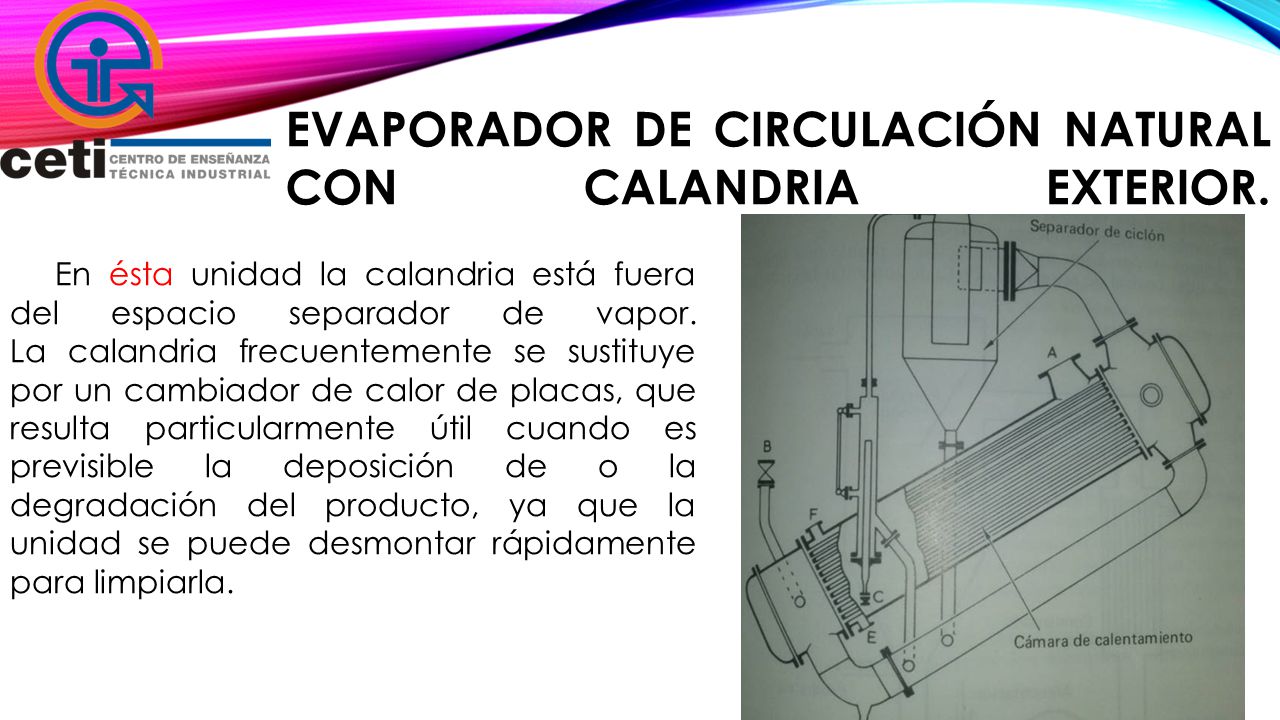 Evaporador de circulación natural con calandria exterior.