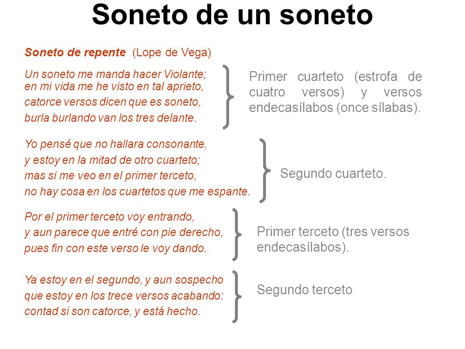 Soneto de un soneto Soneto de repente (Lope de Vega) Un soneto me manda hacer Violante; en mi vida me he visto en tal aprieto,
