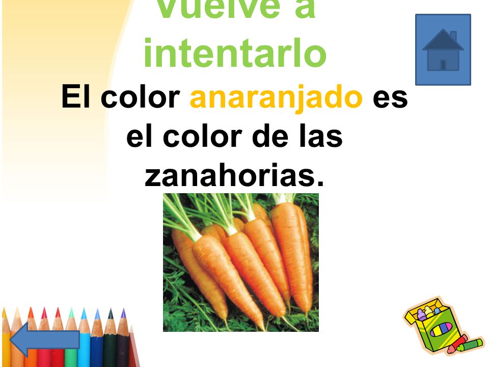 Vuelve a intentarlo El color anaranjado es el color de las zanahorias.