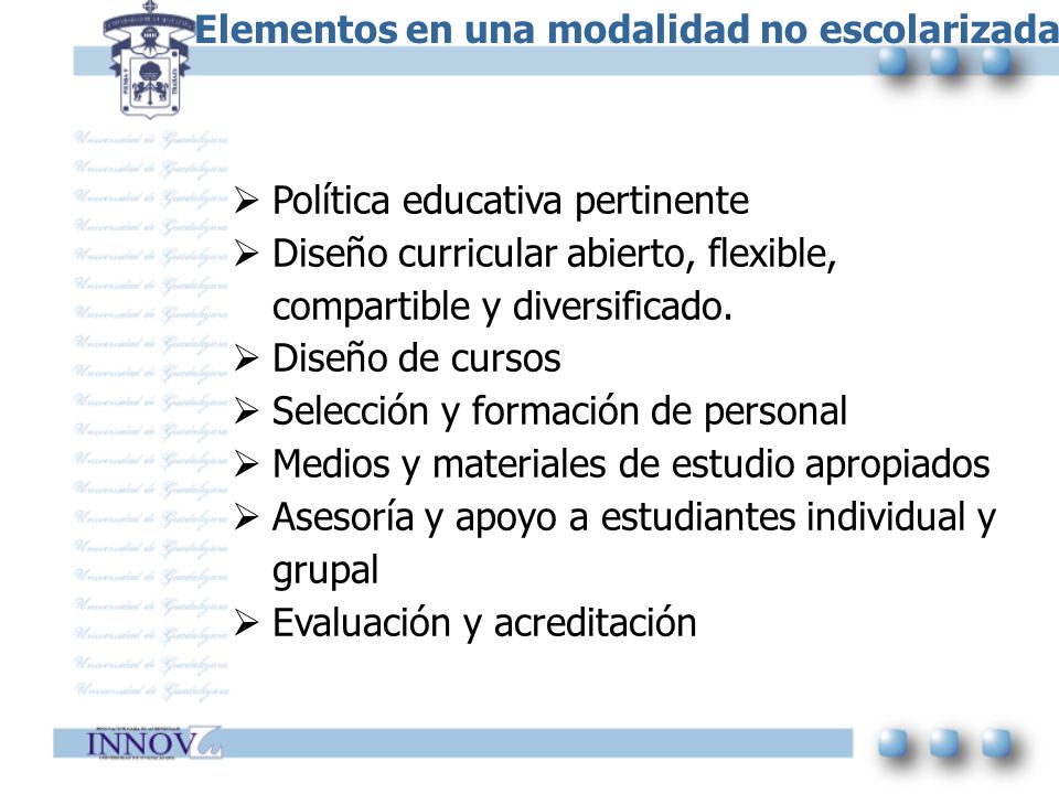 Elementos en una modalidad no escolarizada