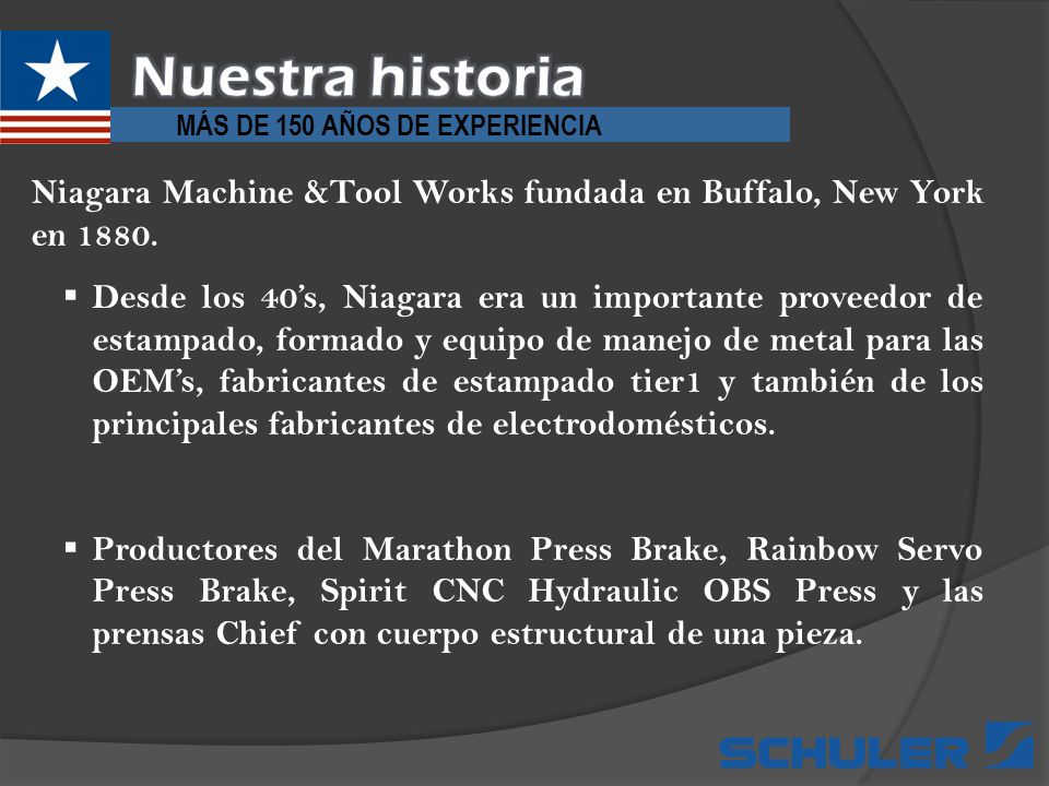 Nuestra historia MÁS DE 150 AÑOS DE EXPERIENCIA. Niagara Machine &Tool Works fundada en Buffalo, New York en