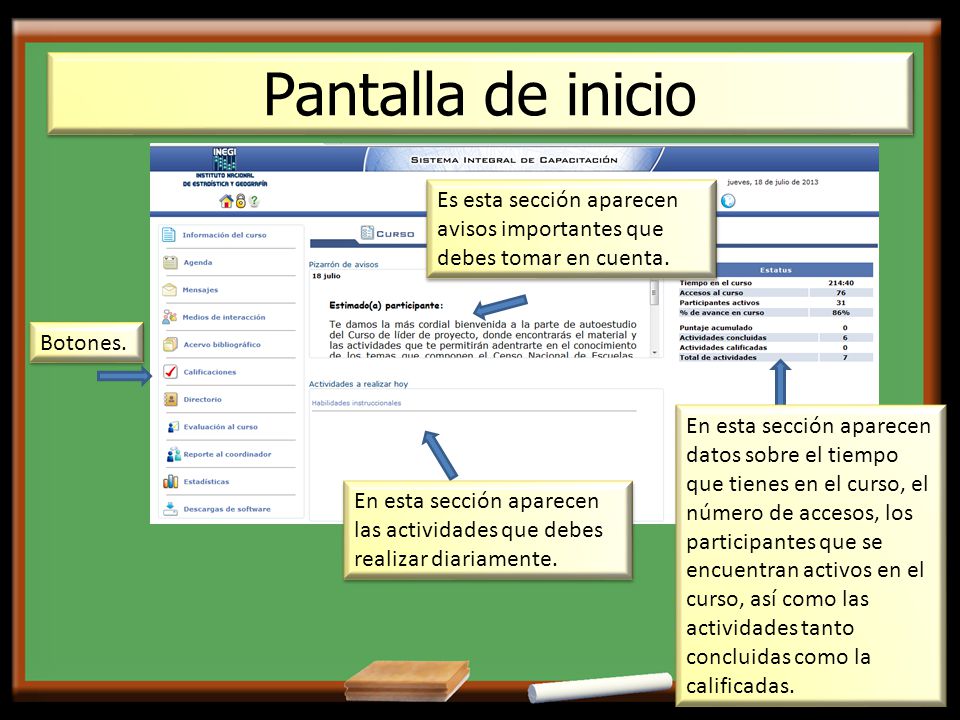 Pantalla de inicio Es esta sección aparecen avisos importantes que debes tomar en cuenta. Botones.
