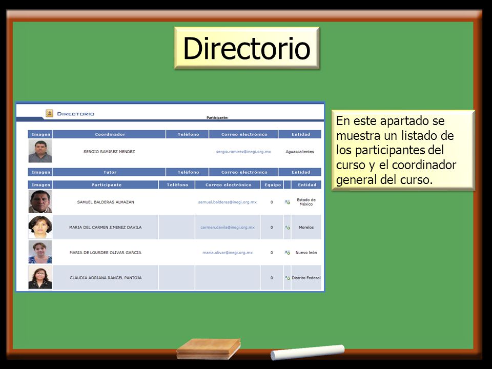 Directorio En este apartado se muestra un listado de los participantes del curso y el coordinador general del curso.