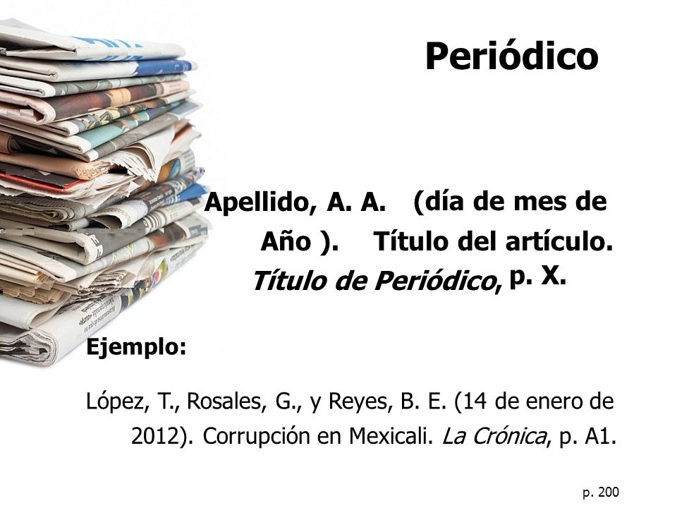 Periódico Apellido, A. A. (día de mes de Año ). Título del artículo.