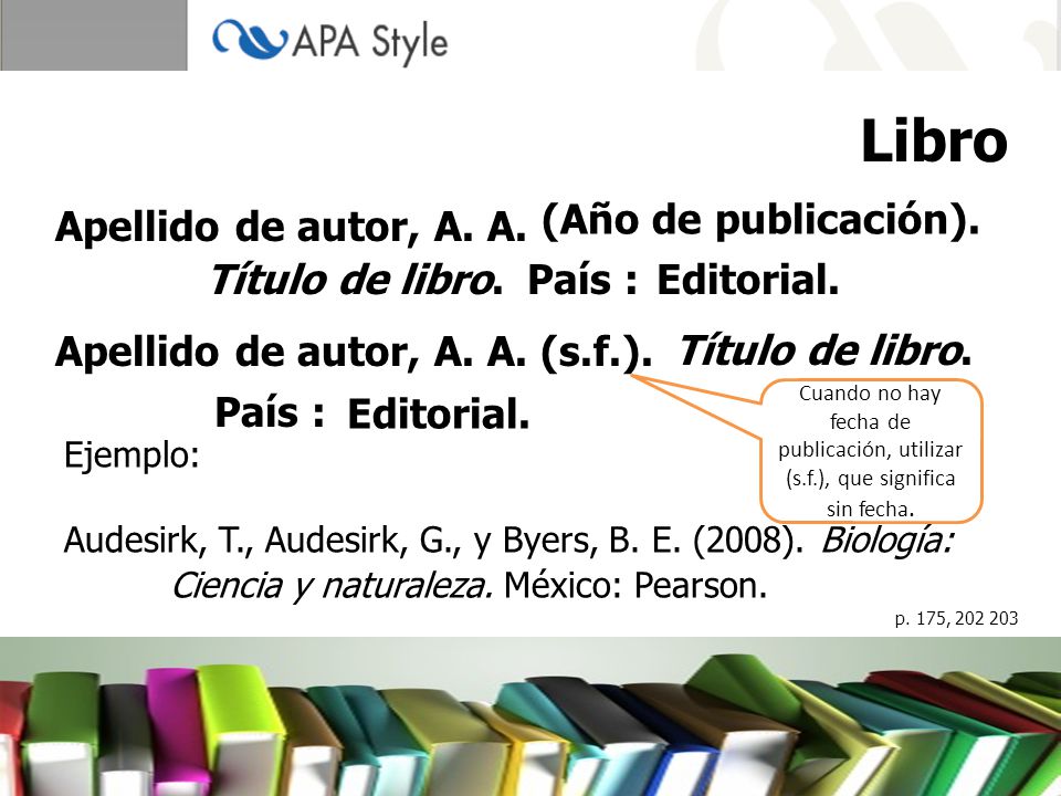 Libro (Año de publicación). Apellido de autor, A. A. Título de libro.