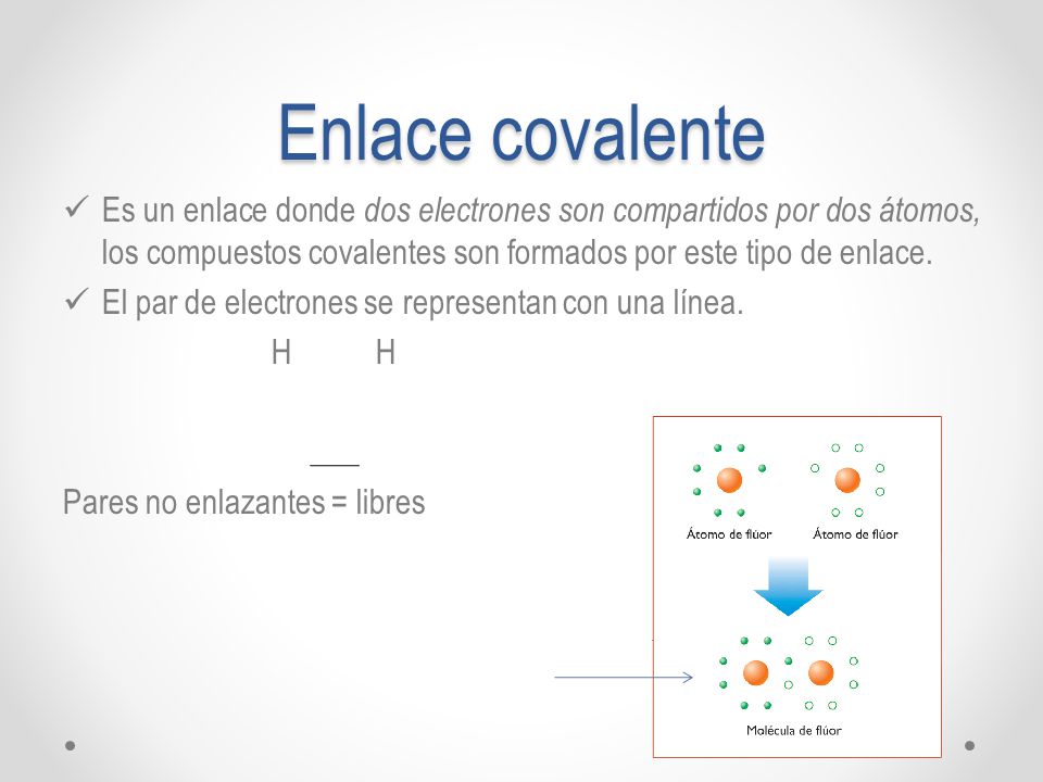 Enlace covalente Es un enlace donde dos electrones son compartidos por dos átomos, los compuestos covalentes son formados por este tipo de enlace.