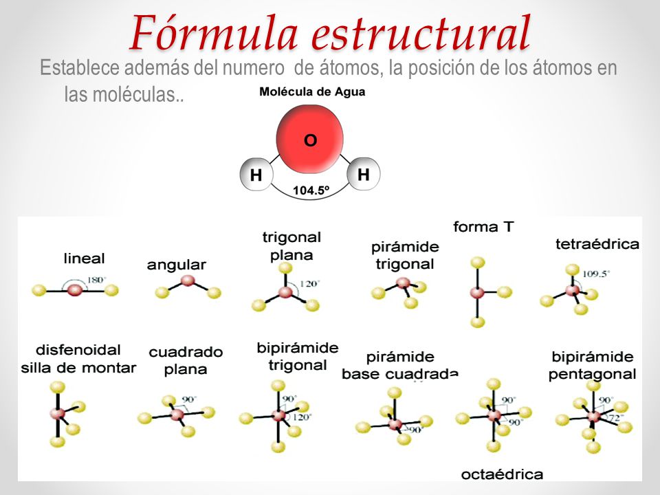 Fórmula estructural Establece además del numero de átomos, la posición de los átomos en las moléculas..