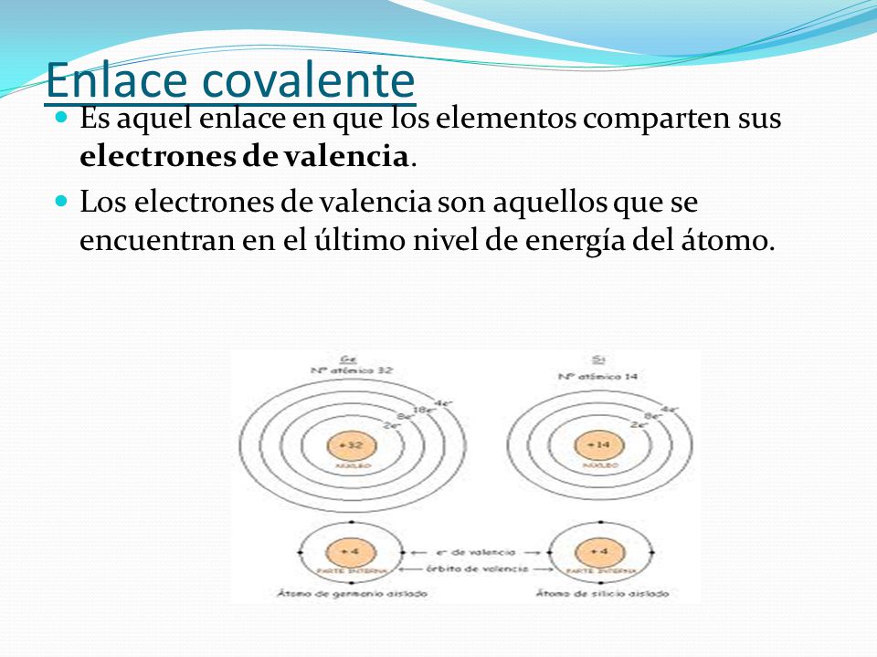Enlace covalente Es aquel enlace en que los elementos comparten sus electrones de valencia.